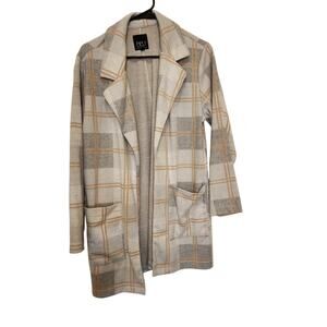BBJ LA Cream Gray Longline Open Front Collared Cardigan Plaid Coatigan Medium